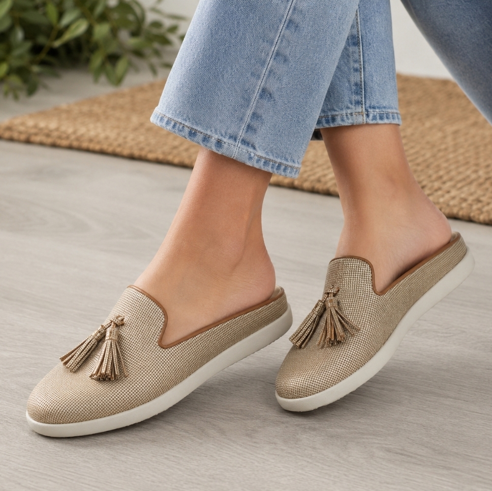 FitFlop Tassel Mule Loafers Women’s Size 6.5 Beige Houndstooth Slip On Shoes